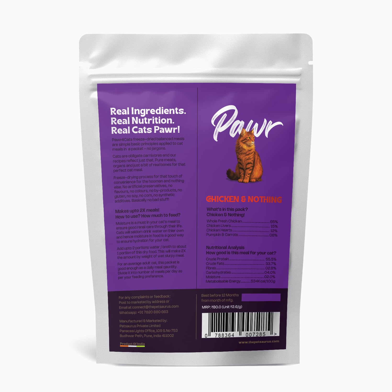 Pawr4Cats | Freeze-Dried Balanced Meals | Chicken & Nothing | Bio-Appropriate and Raw Nutrition | High Protein - Low Carb Recipe | Makes 2X Meals by Adding Water | 30gms X 6 Packs