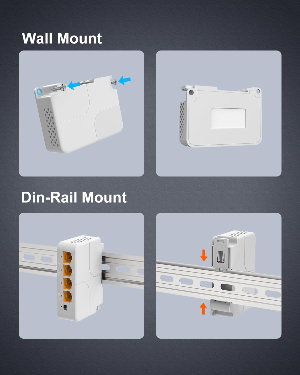 VIMIN Extendeur PoE Gigabit 4 Ports, 1 in 3 Out Répéteur PoE Intérieur Compatible IEEE802.3af/at + 1000 Mbps, Montage Mural et sur Rail DIN, Distance de Transmission de 100 m (328 pi), Plug & Play