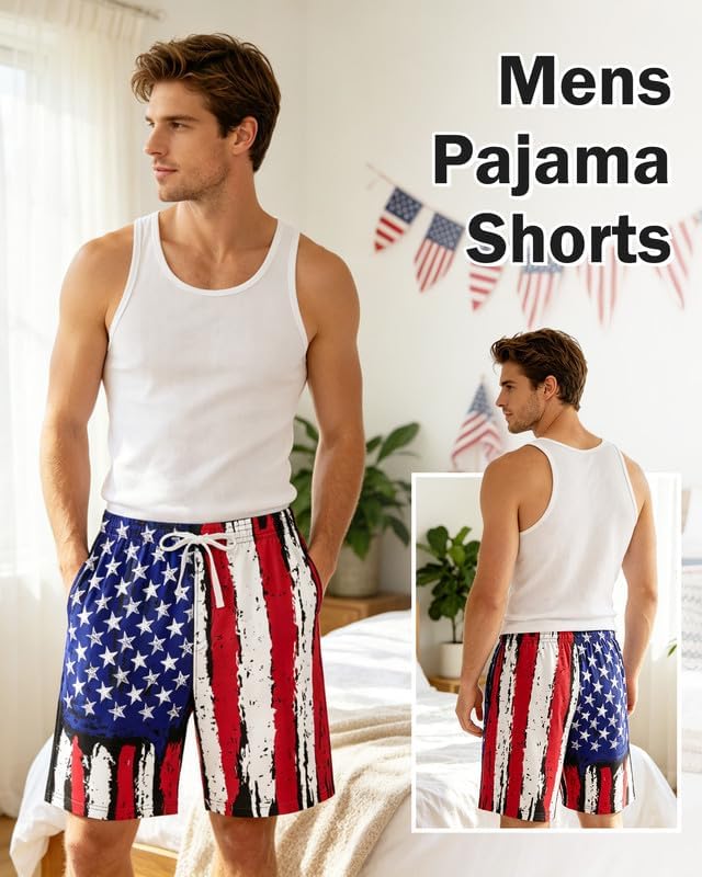 Mens Pajama Shorts Soft Men Sleep Shorts Elastic Waist Drawstring Short Sleeve Pajama Bottoms Pj Shorts for Men