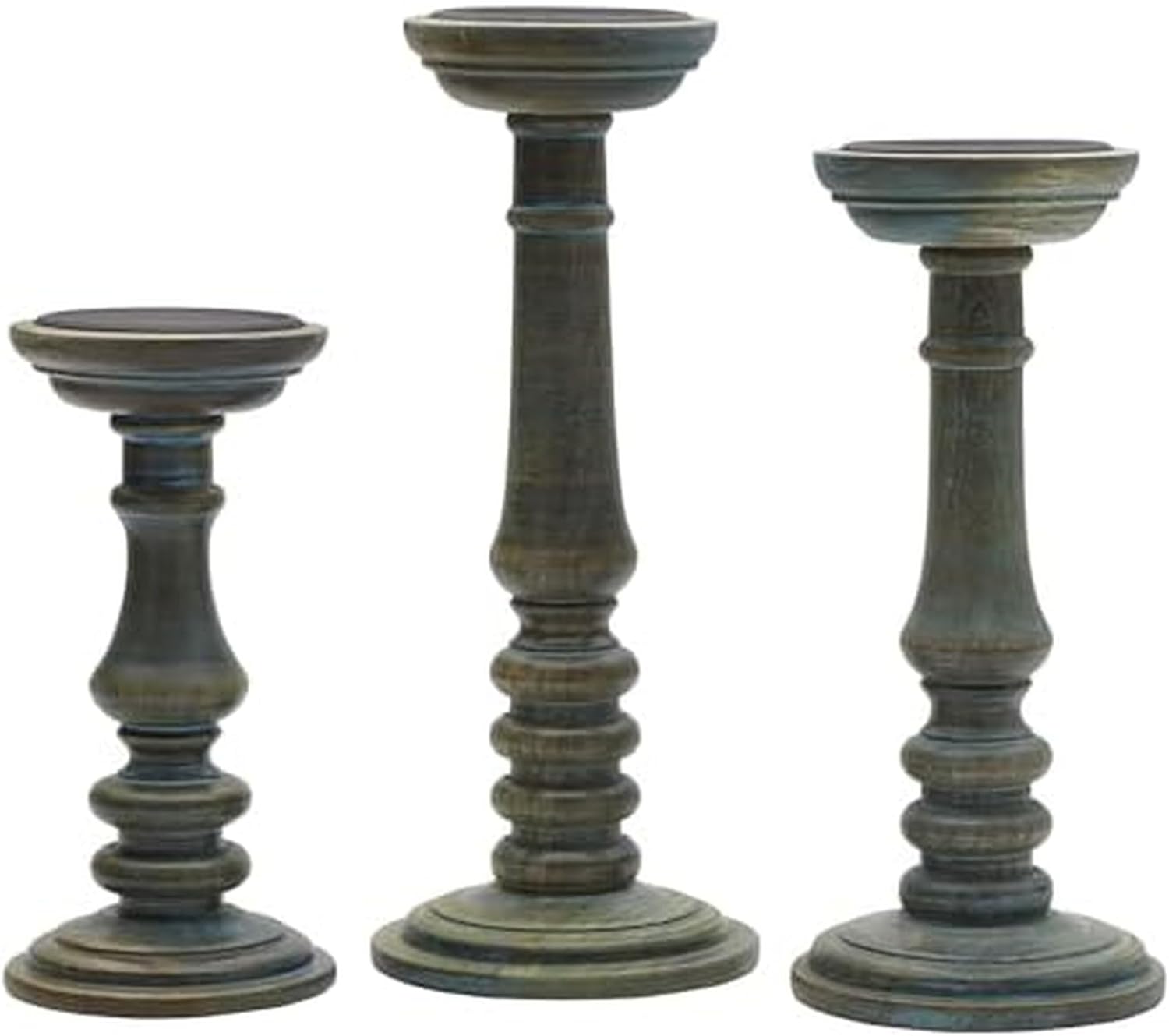Elements Wood Candle Holders - Set of 3, Decorative Pillar Candle Stands for Home Decor - 9-Inch, 11-Inch, 13-Inch - Tall Taper Candle Holder, Vintage Curved Silhouette (Teal Wash)