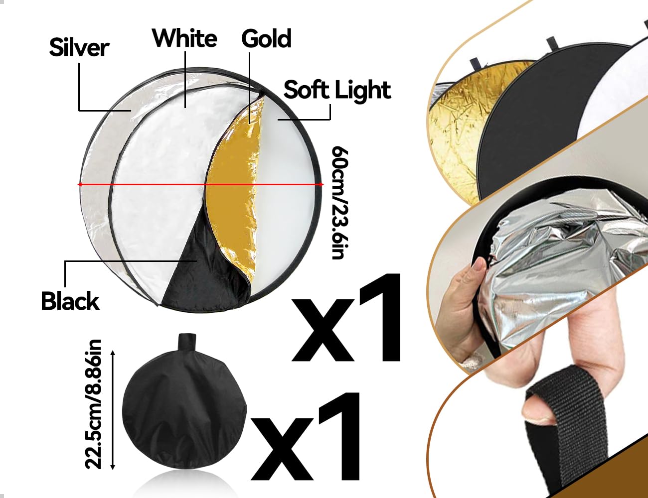 Reflektor 5 w 1, dyfuzor do fotografii, składany reflektor świetlny z torbą do przenoszenia, do użytku na świeżym powietrzu, do studia fotograficznego, do portretów, do zdjęć, selfie
