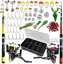 Kit de Pesca Completo, 2 Varas, 2 Molinetes com Linha, Estojo, Iscas Artificiais, Anzóis, Chumbadas e Boias