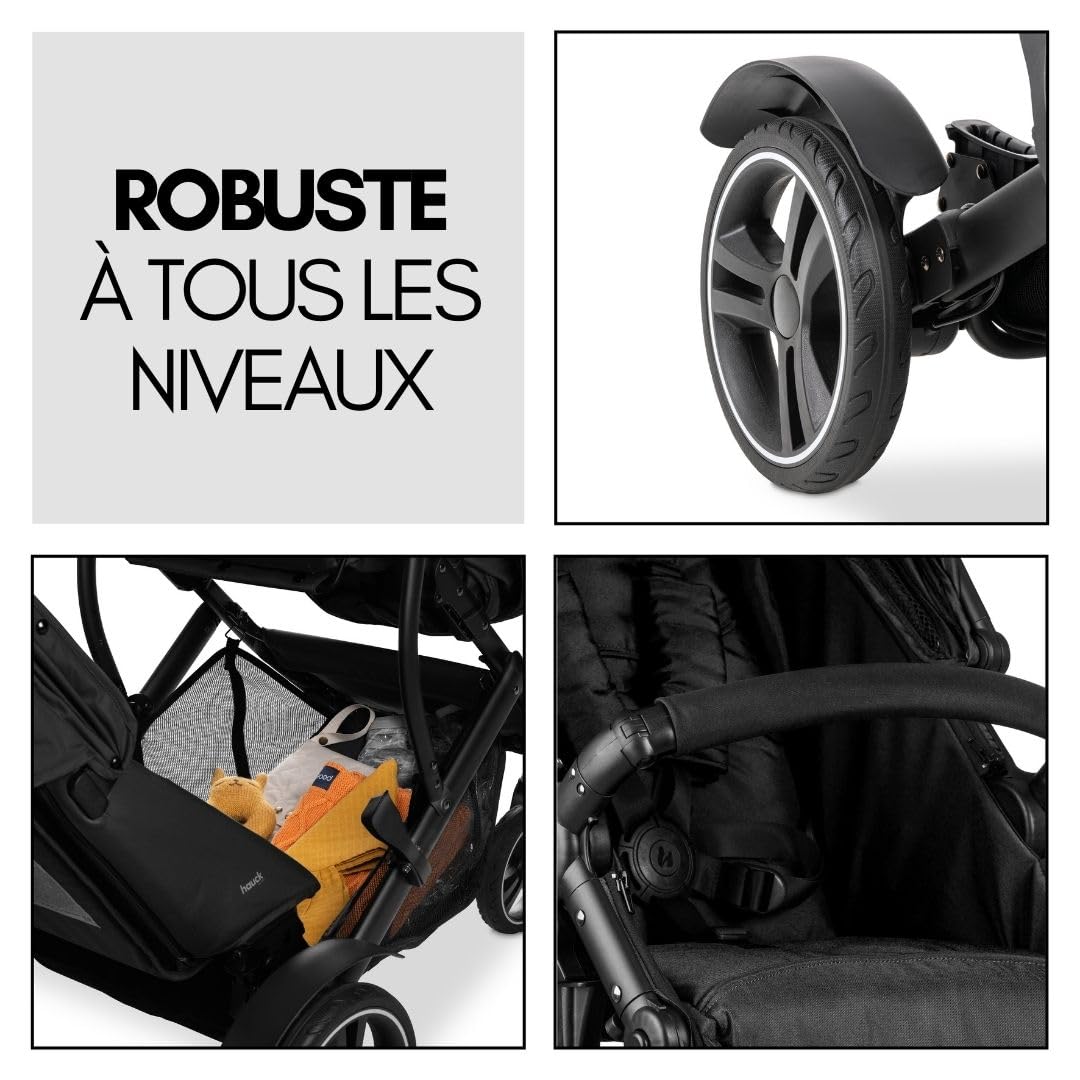 hauck Poussette Double Duett 4 - pour 2 Enfants, Tandem Superposé, Couvre-Jambes, Protection Pluie, Siège Convertible en Nacelle, Compacte, Jusqu'à 36 kg - Noir