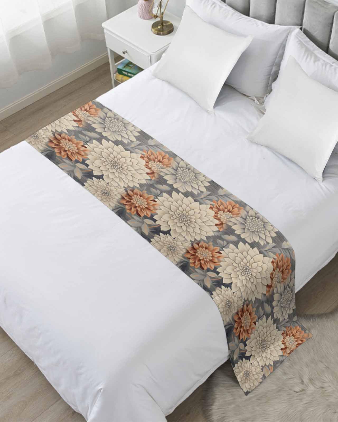 DecorLovee Spring Floral Bed Runners for Queen Size Bed, Decorative Bed Throws for Foot of Bed, Watercolor Flower Orange Grey Vintage Bed Runner Sofa Throw Bedding Scarf Protector for Bedroom