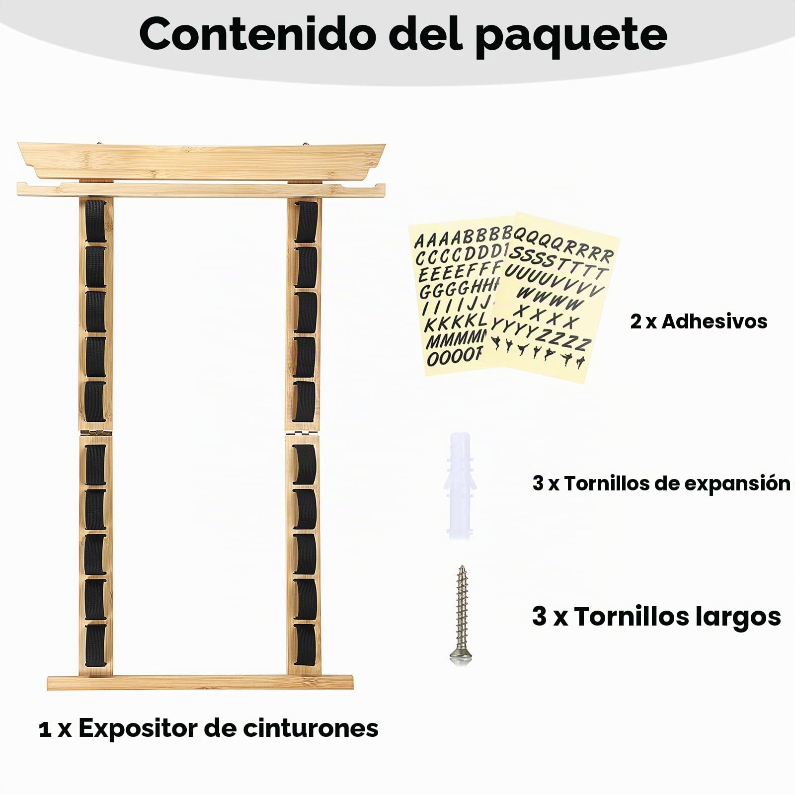 SUMNACON Soporte para cinturón de artes marciales, incluye 10 cinturones de bambú para taekwondo, soporte de pared para judo, karate y ninjitsu