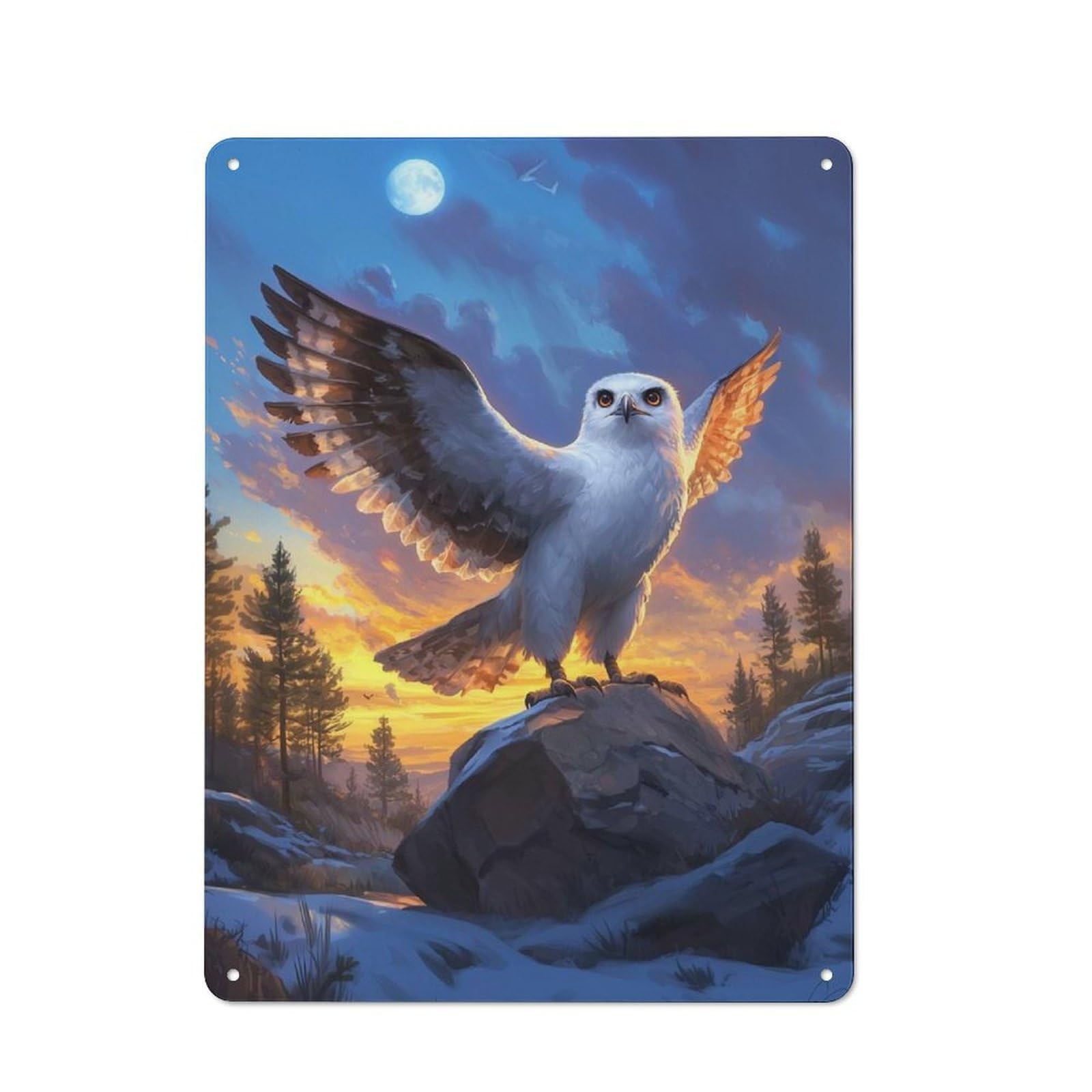 Tin Wall Plaque 40x30cm with Snowy Owl at Sunset for Garage Wall, for Collectors of Retro Metal Wall Decor