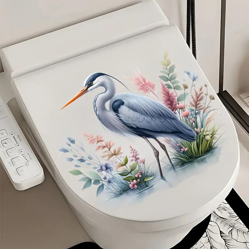Crane Toilet Cover Sticker Decals,Fish Bird Flower Leaf Waterproof Toilet Lid Tank Seat Decals Cistern Self-Adhesive Bathroom Wall Sticker