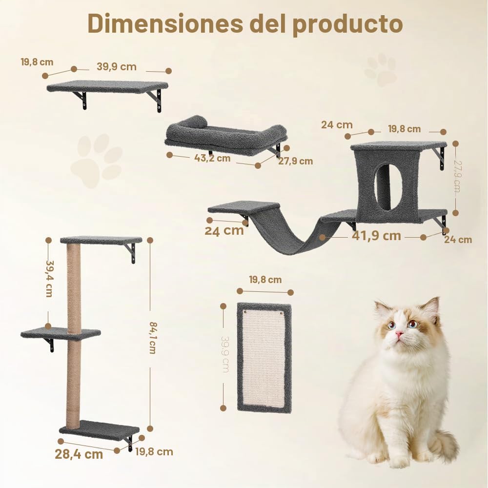 PawGiant Estantes 5 en 1 para gatos, juego de muebles de pared de madera para escalar gatos, con estante montado en la pared, postes rascadores de árbol para gatos y rascador para gatos de interior