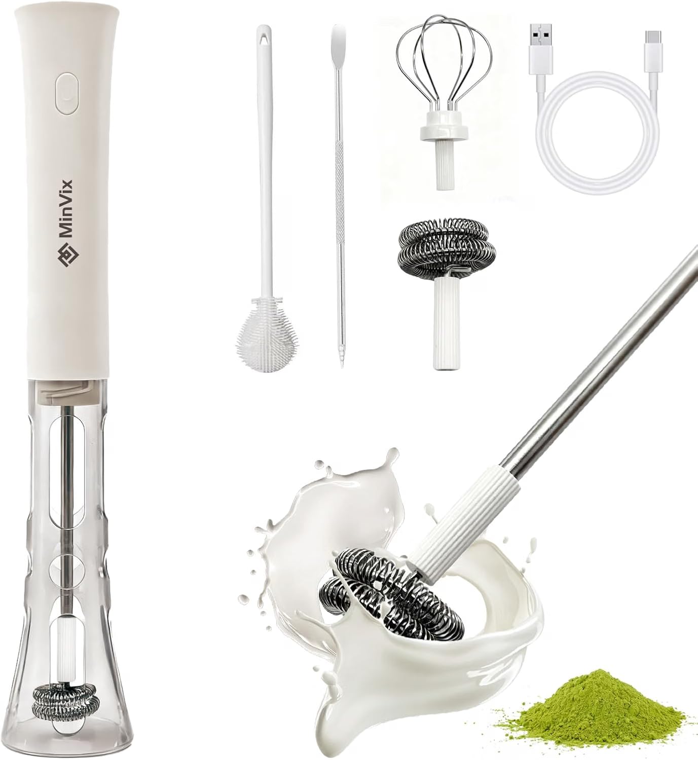 MinVix® Handheld Milk Frother, 2-in-1 Rechargeable Coffee Whisk with Stand