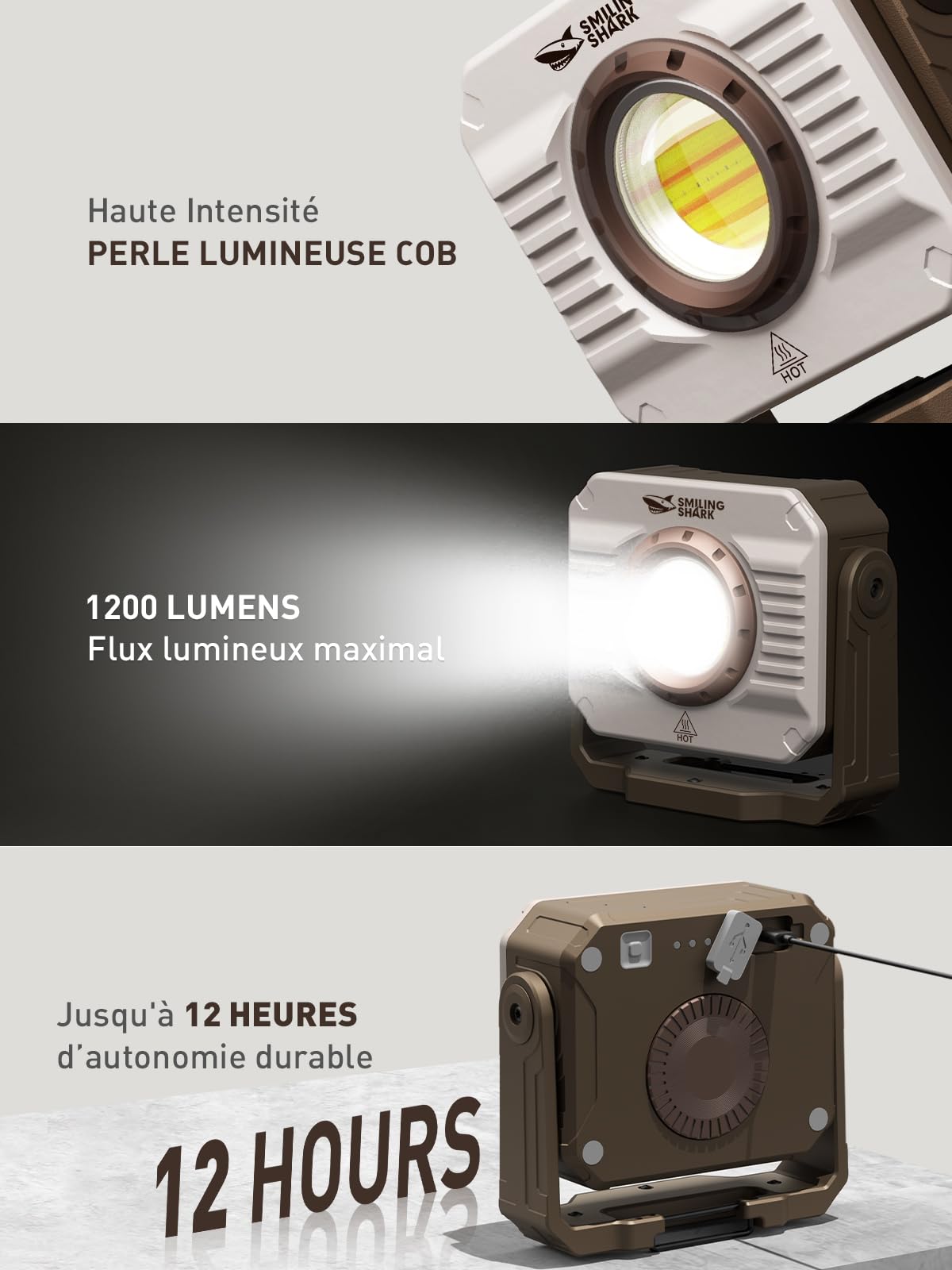 Smiling Shark Lampe Travail, 5000mAh Rechargeable LED Lampe de Chantier 1200lm 3 Modes Lumière Dimmable Magnétique Portable Lampes D'atelier avec Rotable Crochet pour Outdoor Randonnée Working