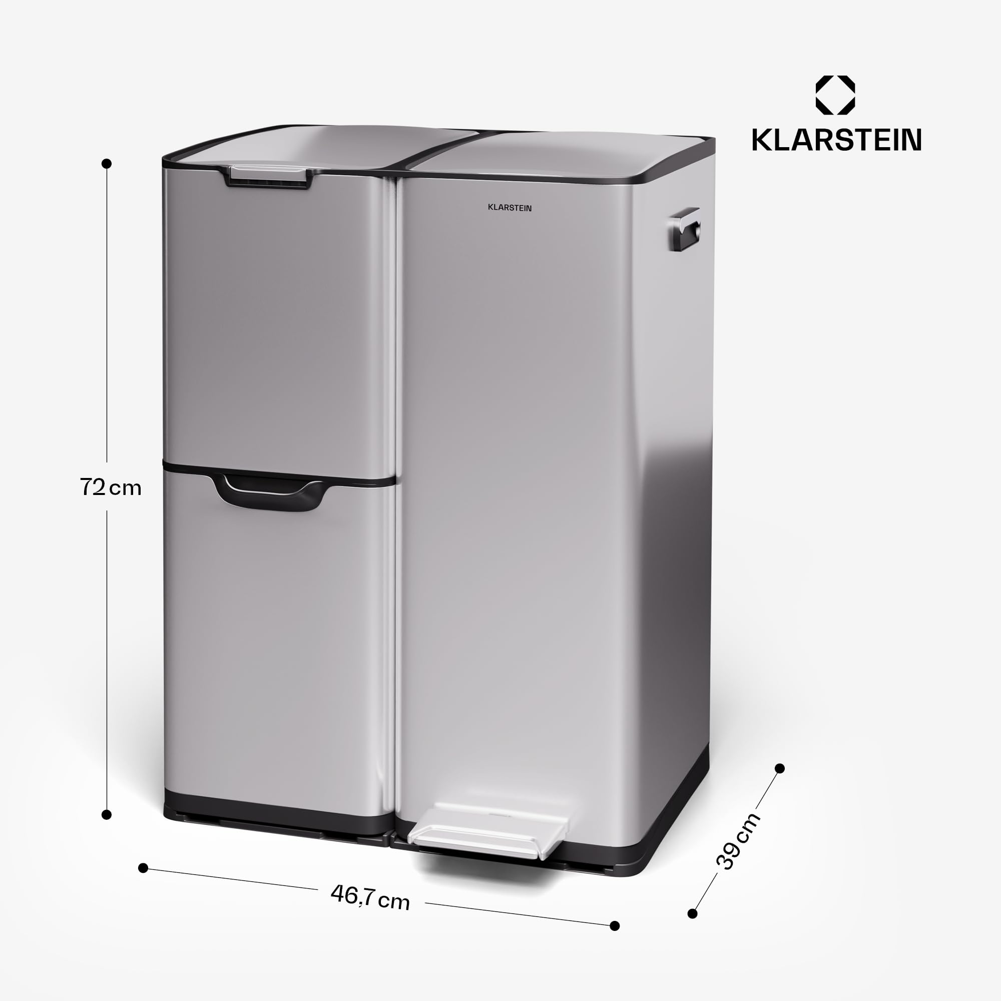 Klarstein Tiyo 3-in-1 Mülleimer - 60L Küchen-Abfalleimer mit Pedale & Soft-Close-Deckel, Edelstahl, herausnehmbare Eimer, Trennsystem, Aufkleber