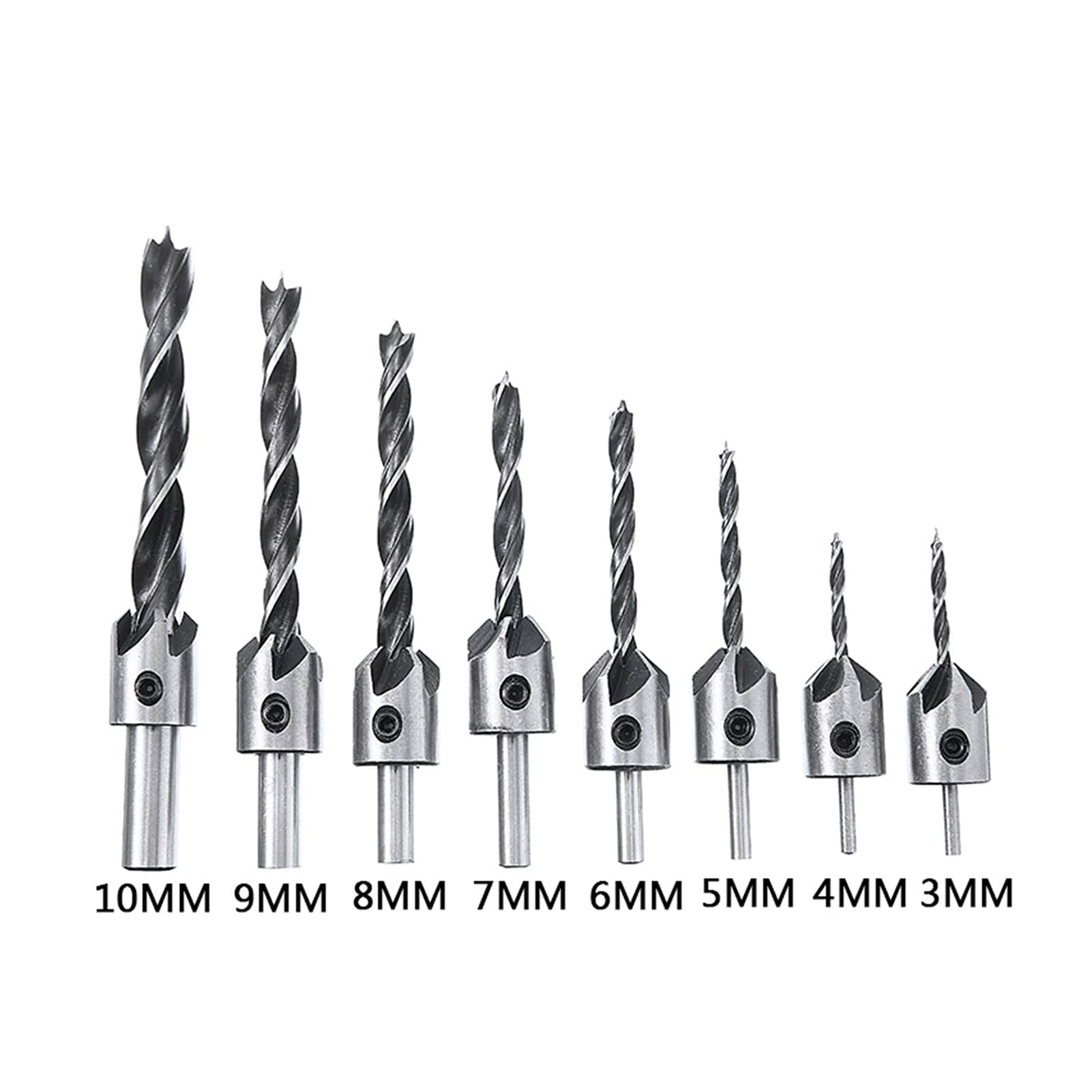 Generic 9 PCS Conjunto de broca con cono de cono, orificio piloto de madera, taladro de carpintería, chaflán de carpintería 3/4/5/6/7/8/9 / 10mm