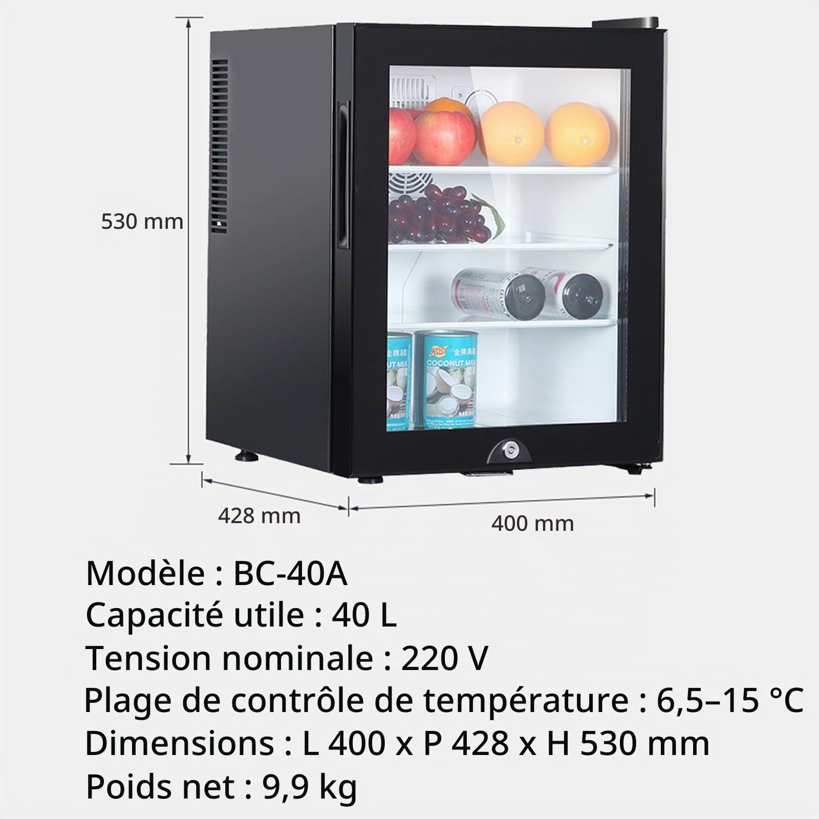 Réfrigérateur vertical une porte, avec porte vitrée et serrure 40L