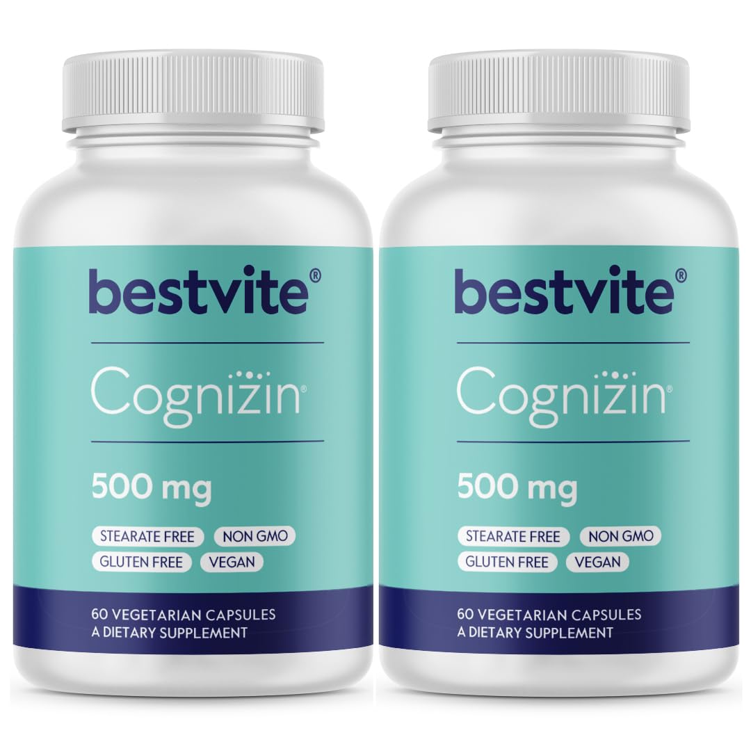 BESTVITE Cognizin Citicoline 500mg per Capsule (120 Vegetarian Capsules) (60x2) - Clinically Studied Form of Citicoline - No Stearates - Vegan - Non GMO - Gluten Free