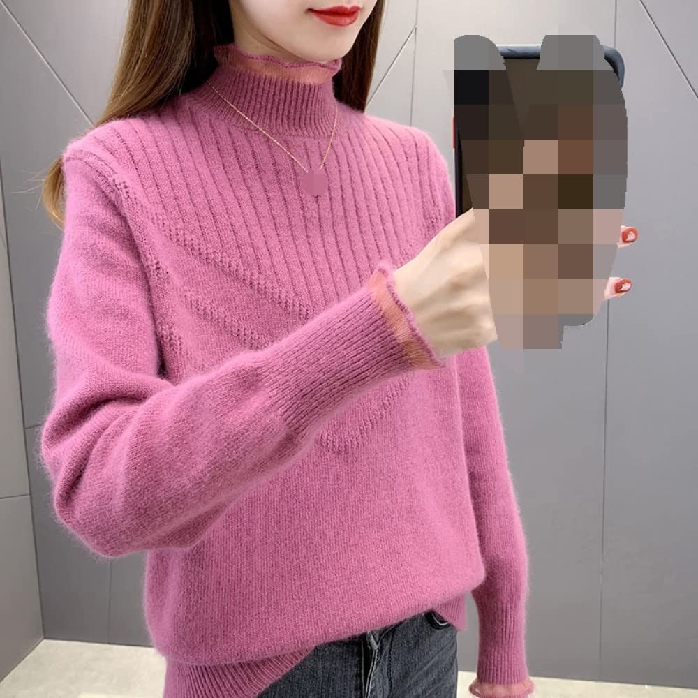 Jerseys Punto Mujer,Suéter De Cuello Alto Medio para Mujer Suéter De Punto con Volantes Suéter Rosa Jumper Tops Suéter De Fondo De Primavera Suéter Que Combina con Todo Regalo Clásico para Nov