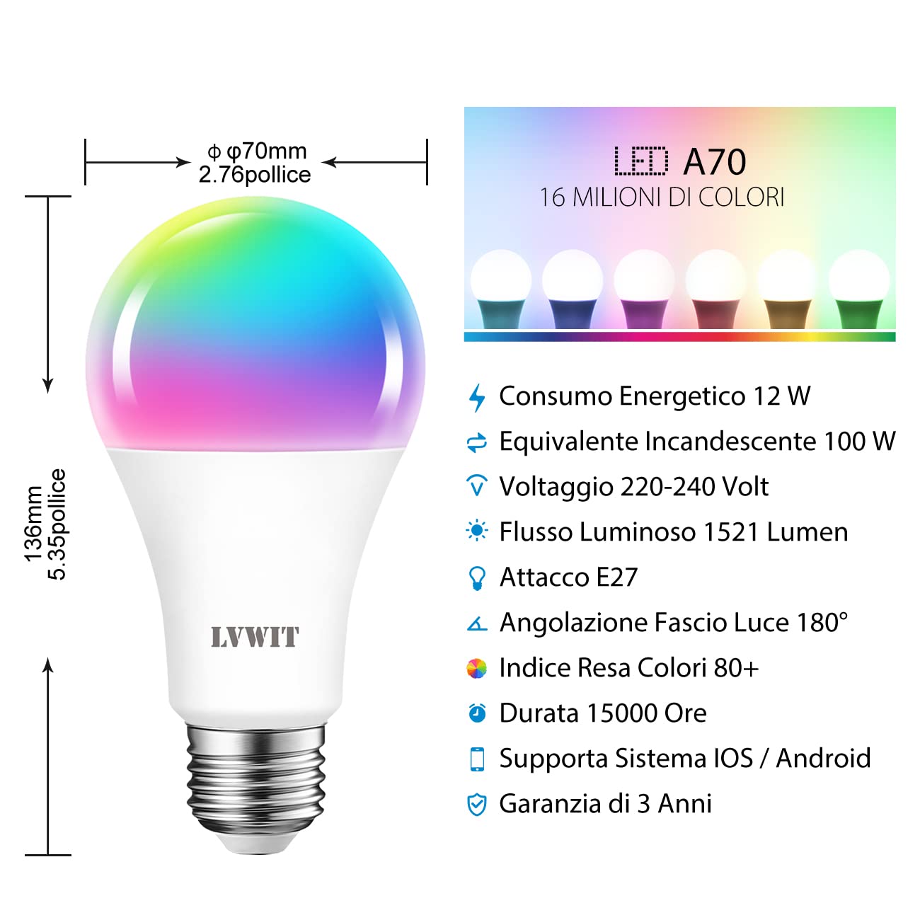 LVWIT Lampadina LED Smart Wifi Attacco E27, Forma A70, 12W Equivalenti a 100W, 1521Lm, Compatibile con Alexa, Echo and Google Assistant, Intelligente Dimmerabile, Controllo a Distanza da App