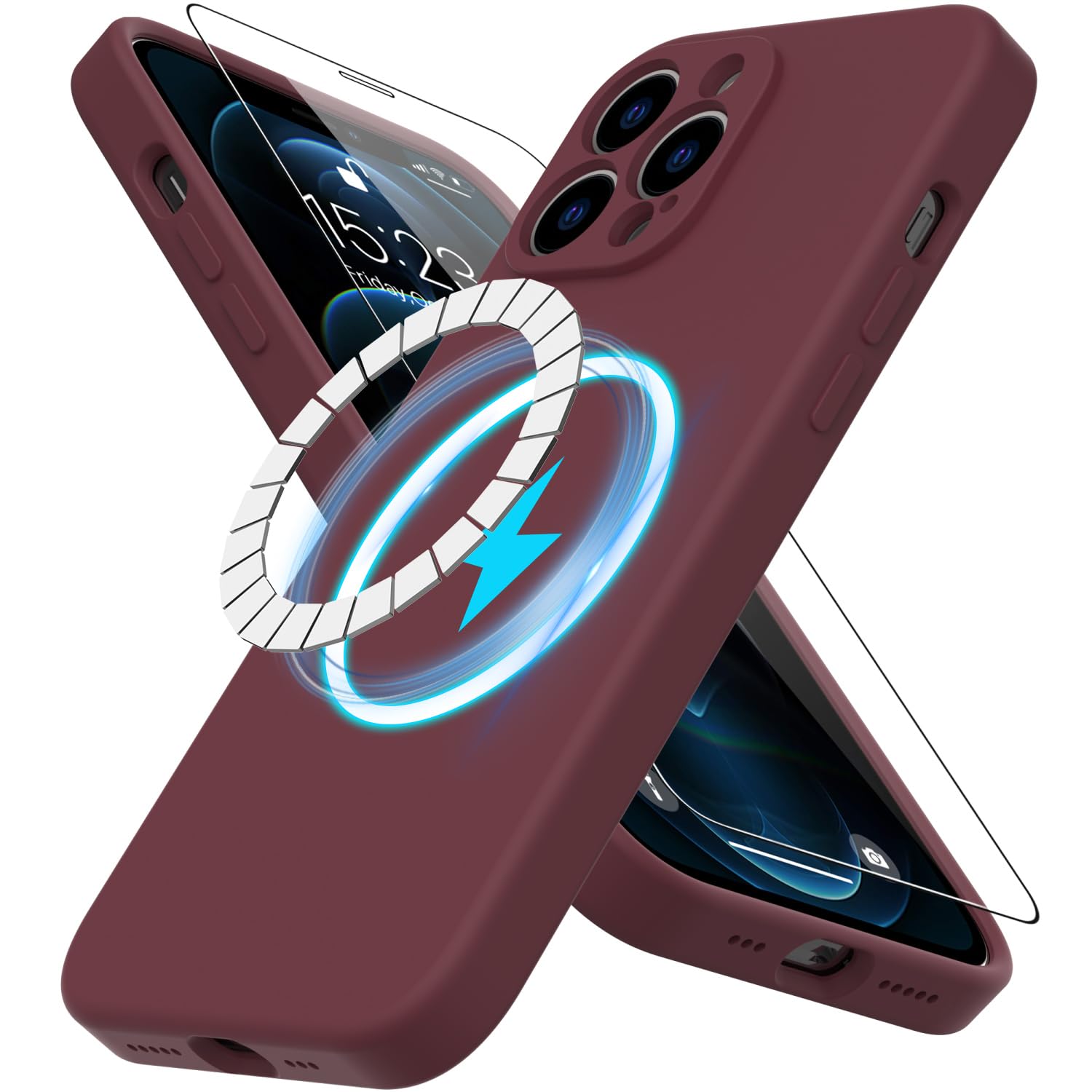 DEENAKIN Magnetic for iPhone 12 Pro Max Case Silicone with Screen Protector - [Compatible with MagSafe] - Enhanced Camera Cover - Slim Fit Protective Phone Case 6.7" for Women Girls - Wine Red