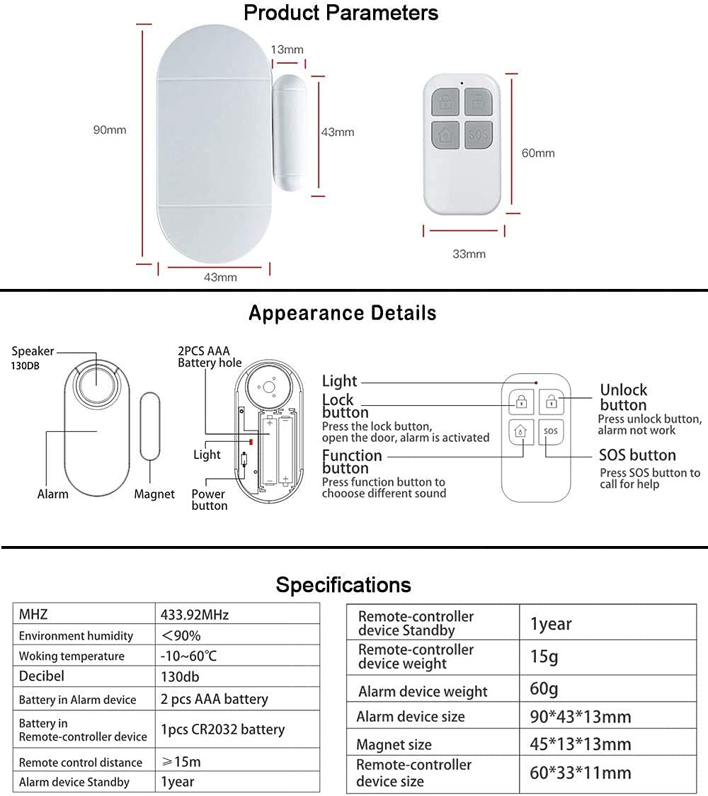 Shackcom 4pcs Alarma para Puertas y Ventanas con Control Remoto para casa con Sensor Magnético Inalámbrico para Sistema de Seguridad para el hogar - Antirrobo Detectores Sirenas con Pilas-130db
