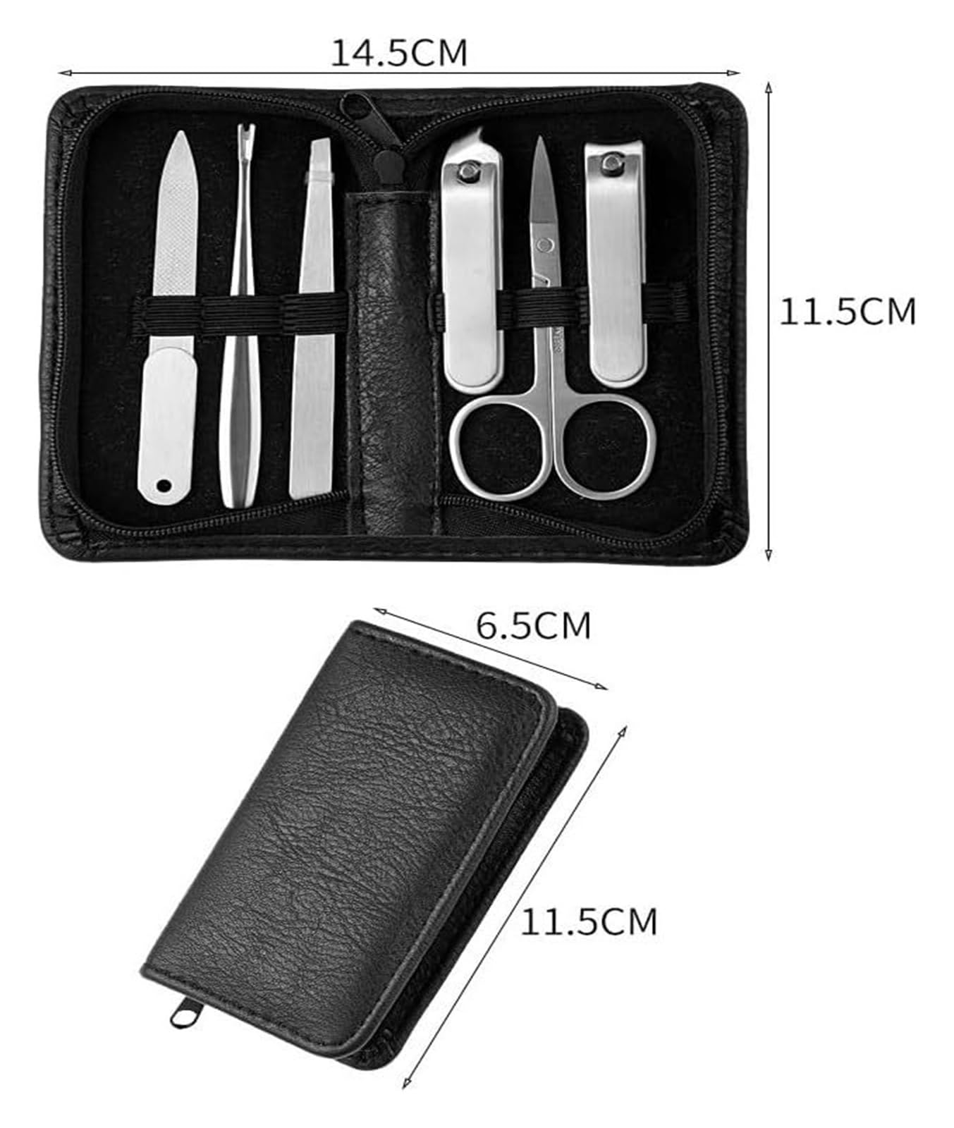 Juego de manicura y cortaúñas de Acero Inoxidable con Clip de Cuero sintético Negro (Negro, 14,5 x 11,5 cm)