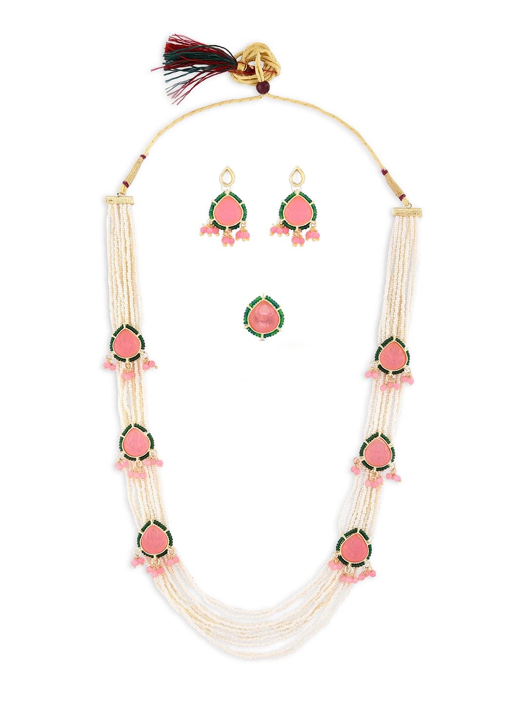 ZAVERI PEARLS Pink Stones & Green Beads Multistrand Pearls Necklace Earring & Ring Set For Women-ZPFK14762 (B0BDG7R3H1) Amazon Price History, Amazon Price Tracker