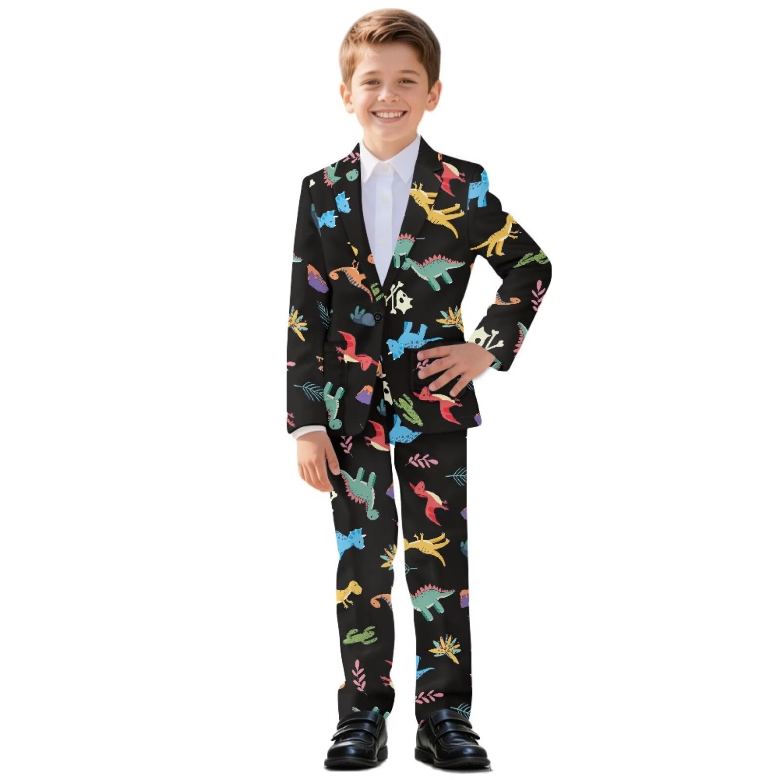 Biyejit 2-teiliges Anzug-Set für Jungen, mit einem Knopf, Blazer und Hose, lässige Smokingjacke, Alter 5–14 Jahre, Dinosaurier, 9-10 Jahre