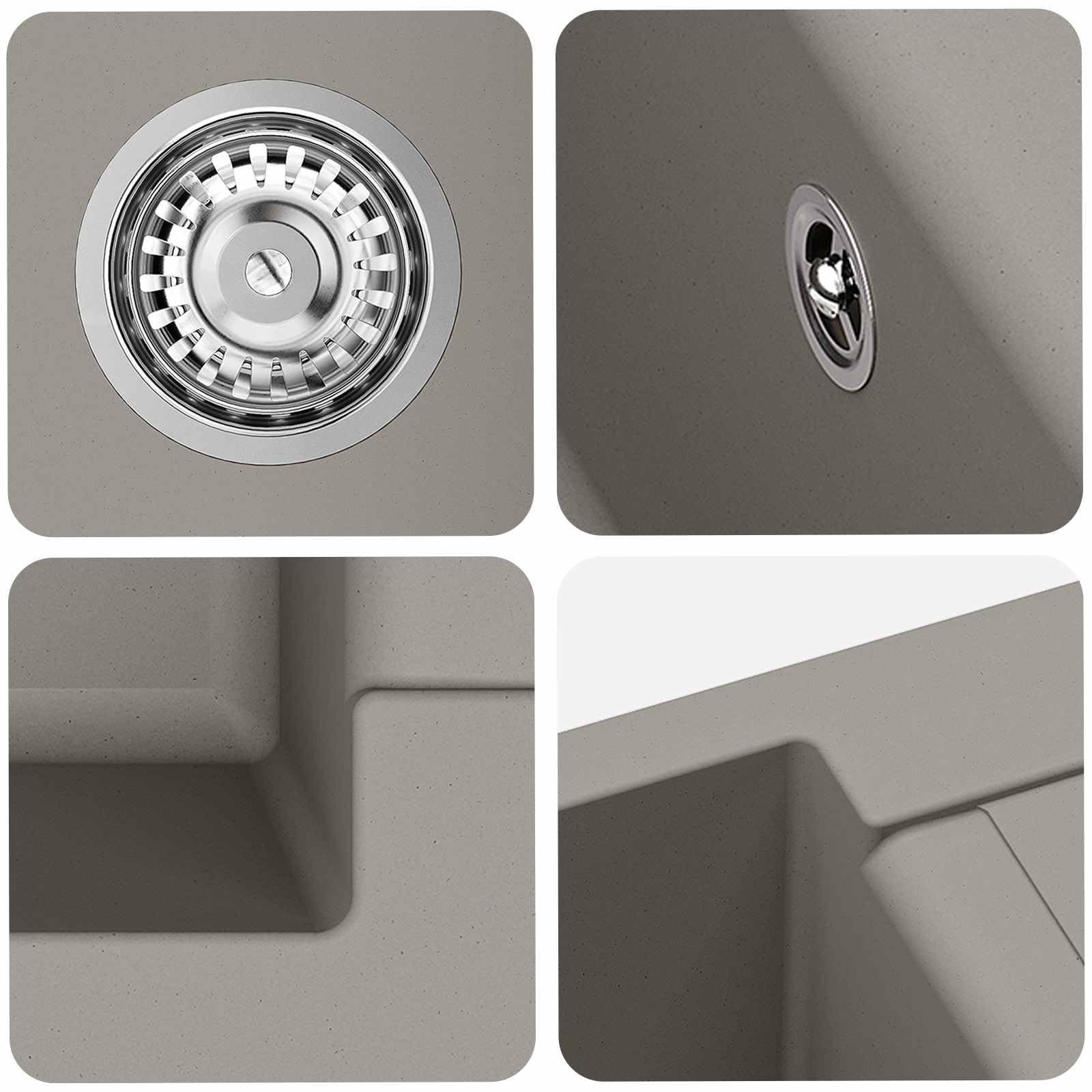 Lavabo gris 780 x 500 mm 80% cuarzo 20% resina empotrada fregadero con escurridor cesta colador desagüe para cocina, camping, autocaravana jardín