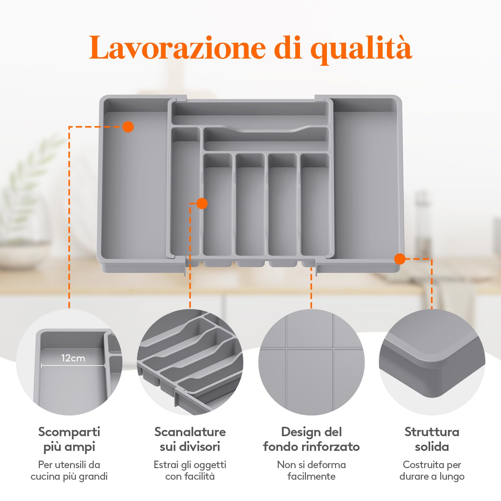 Lifewit Porta Posate Cucina Cassetto, Organizer Posate da Espandibile, Portaposate Salvaspazio, Divisori in Plastica per Utensili, Forchette, Profondità 38 cm, Largezza 33-56,8cm, Grigio