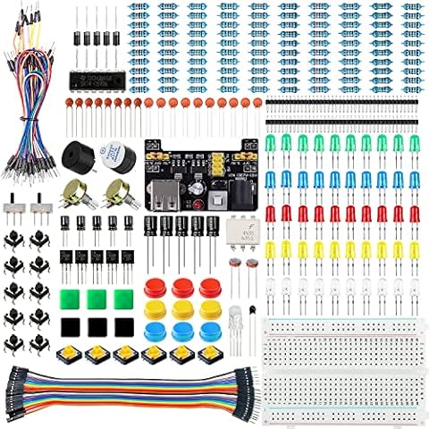 Miuzei Basic Starter Kit für Arduino Projekte mit Steckboard, Power Supply Modul, Jumperkabel, Resistors, LED, Elektronik Steckbrett Breadboard Set, Kompatibel mit Raspberry Pi Cover