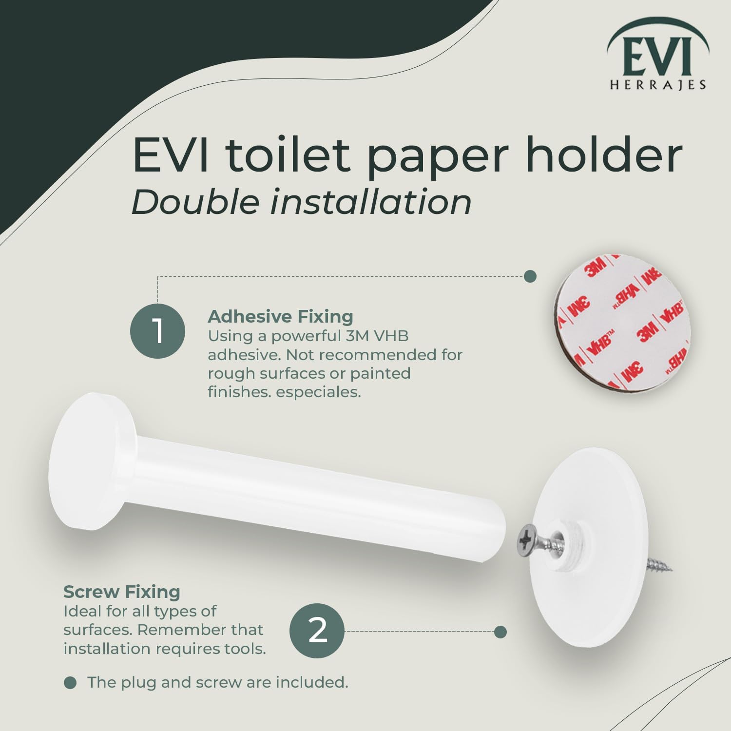 EVI Herrajes | Toilet Paper Holder | Adhesive or Screw Mount | Lacquered White Stainless Steel | Model 050TPH1DUALBL
