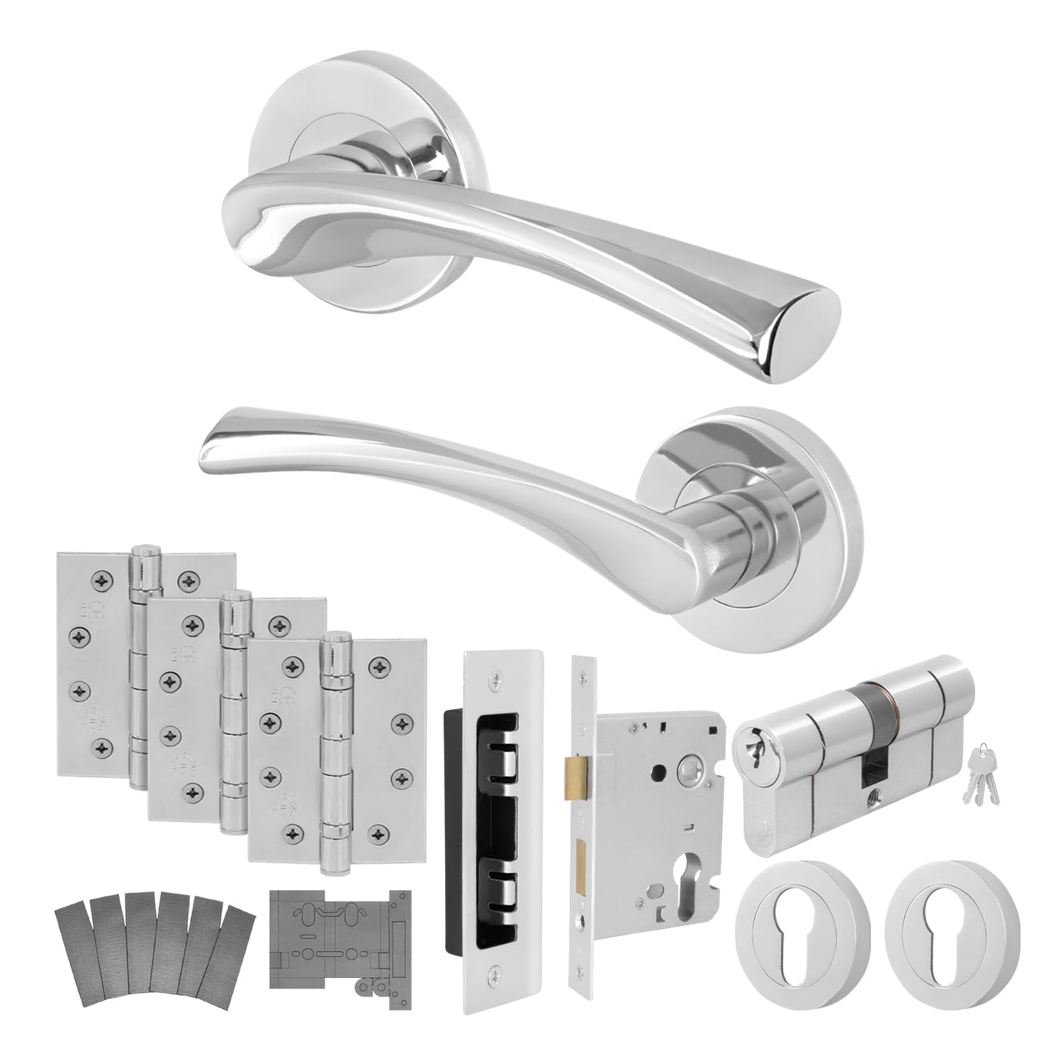 EAI Chrome Door Handle Fire Rated Euro Lock Double Cylinder Kit - Novoli