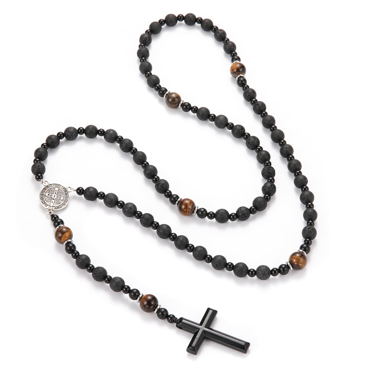 Tiger Eye Cross Necklace for Men, Obsidian Necklace, Hematite Cross Pendant Lava Rock Rosary Healing Crystal Necklaces