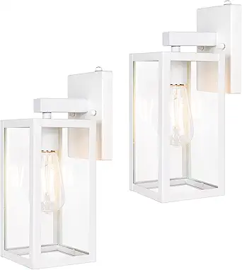 Dusk to Dawn Outdoor Wall Lantern, Photocell Sensor Wall Sconce as Porch Lighting Fixture, E26 Medium Base, Metal Housing Plus Glass, Bulbs not Included, White Finish, 2-Pack