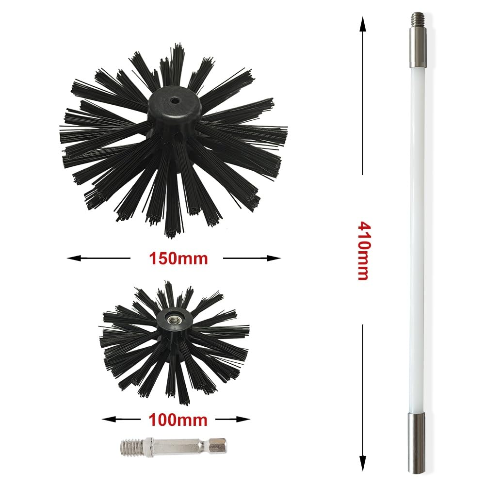 Cepillo de chimenea de hasta 4,8 m, kit de limpieza de ventilación en seco, cabezal de cepillo de 100/150 mm, 410 mm de largo, barra flexible, para diferentes chimeneas, tubos, cepillos de limpieza