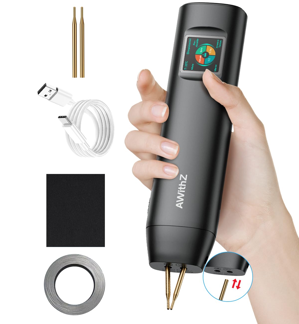 Akku-Punktschweißgerät, AWithZ1,5 Zoll LCD 99-Gang einstellbares Hand-Punktschweißgerät, tragbarer Punktschweißer mit automatischem und manuellem Modus, Punktschweißgerät für 18650-Akku (H2PRO)