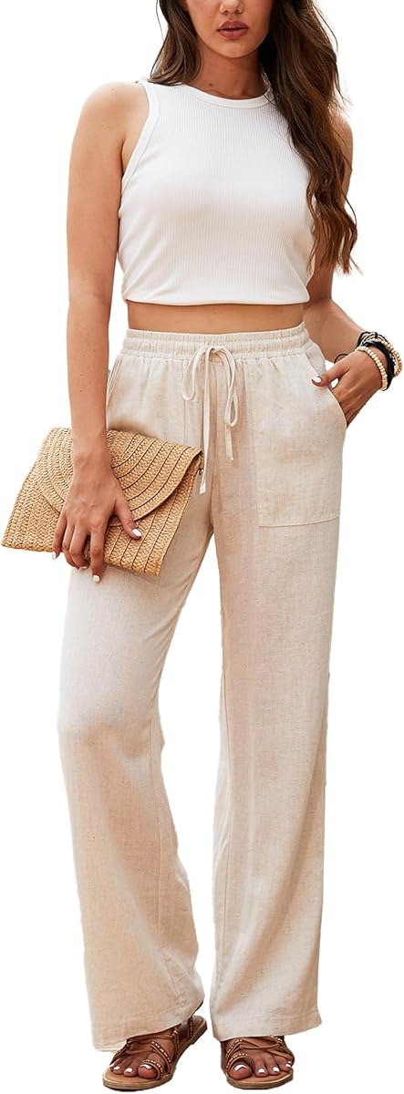 Beautiful Nomad Women's Linen Pants High Waisted Straight Pant Casual Flowy Wide Leg Drawstring Trousers with Pockets Beige at Amazon Women’s Clothing store