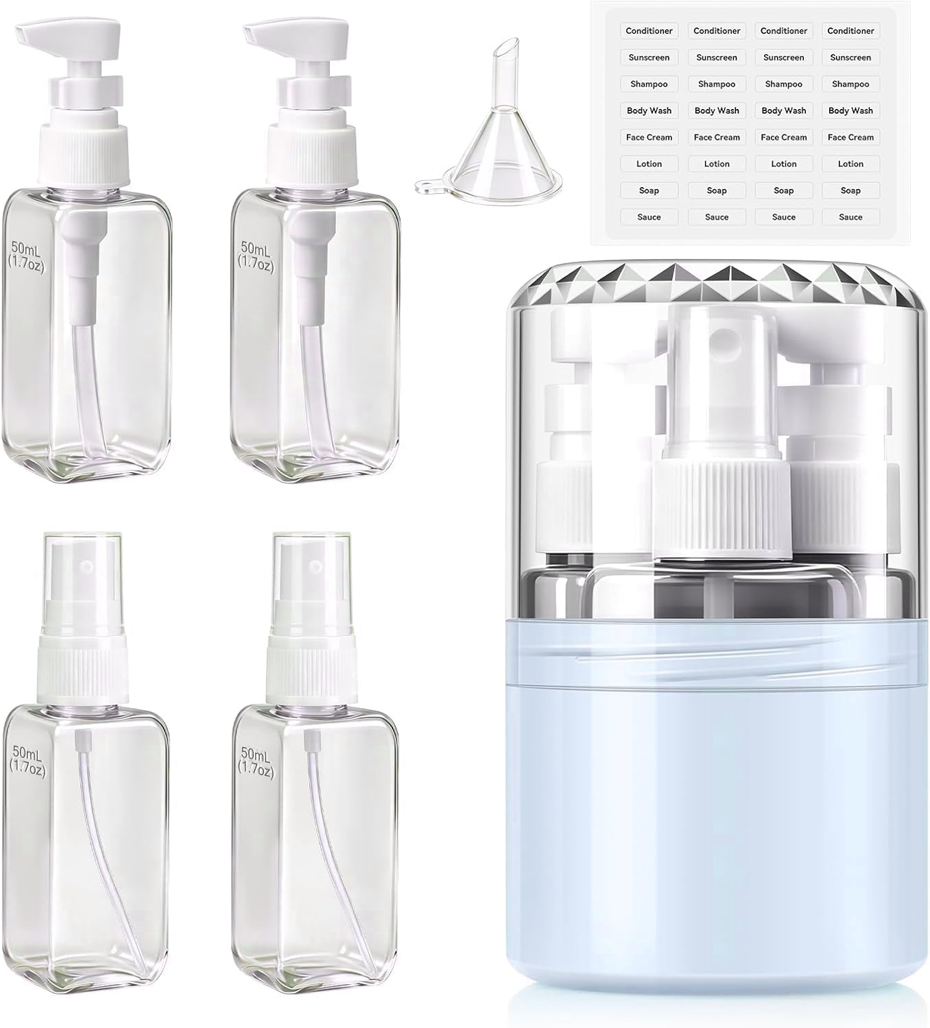 4 Pack Travel Bottle for Toiletries, Travel Kit for Toiletries with Two 50ml Pump Shampoo Bottle, Two 50ml Spray Bottle and Labelings, TSA Approved Travel Toiletry Bottles Kit (Blue)-image-37
