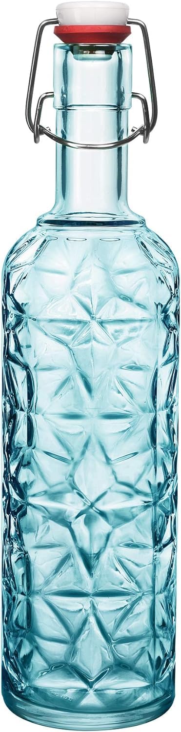 LGC Bundle | 6x Bormioli Rocco Oriente Flasche in blau, mit Bügelverschluss, 1Liter + 1 Trockentuch aus Microfilament gratis dazu