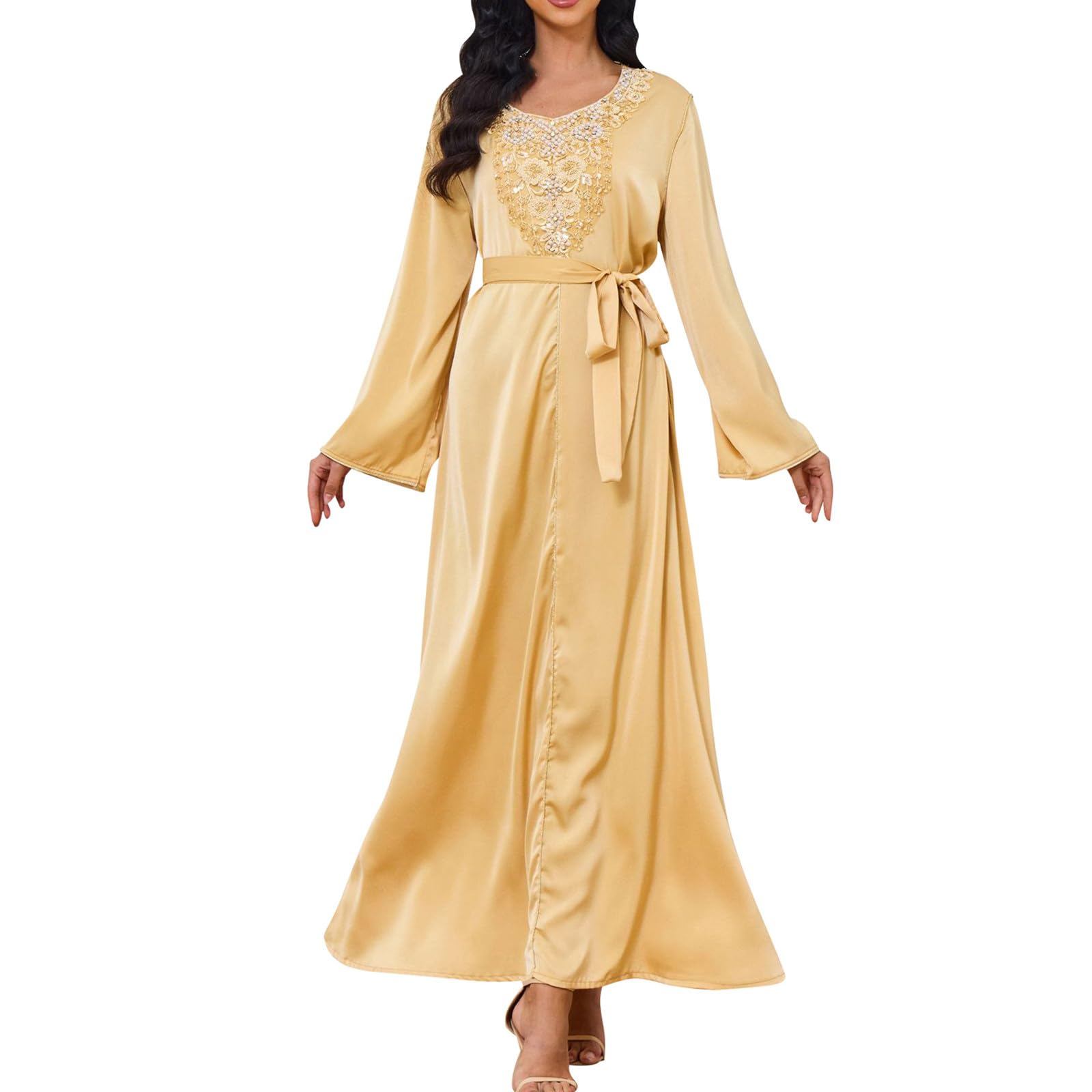 Vhersily Regalos Ofertas Abaya - Kaftán para mujer, estilo étnico tribal largo con detalles de perlas, vestido Dubai de moda para el verano 2024