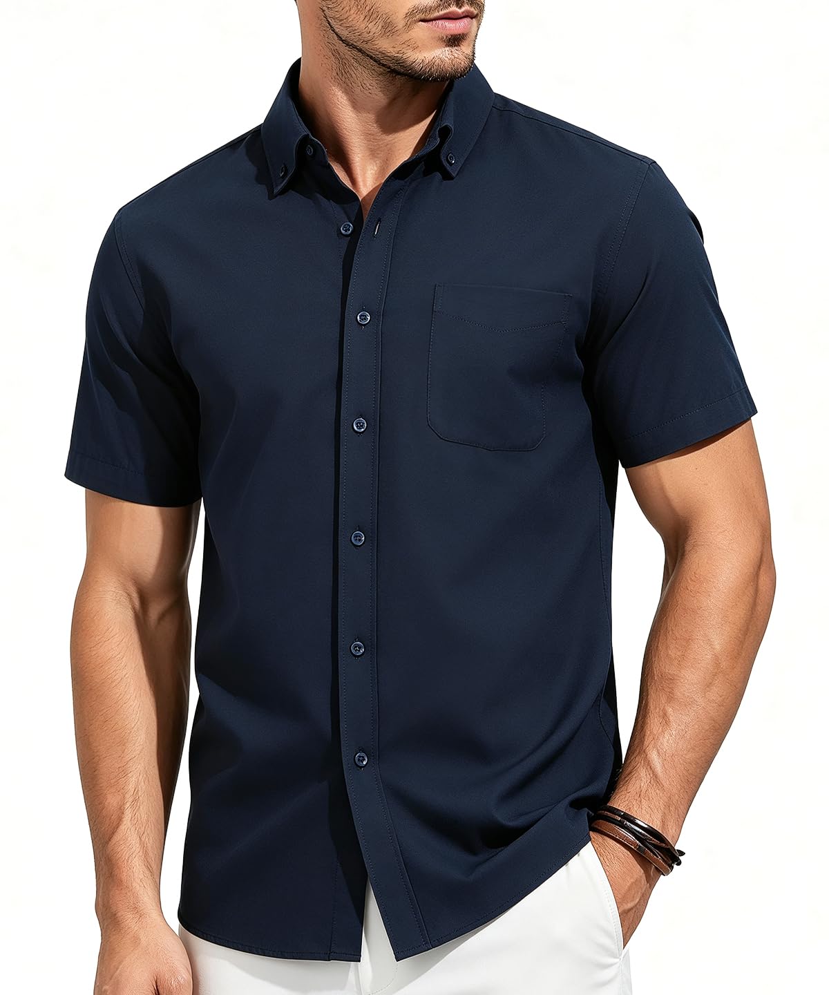 Casey Kevin Camisa Hombre Manga Corta - 100% Algodón - Cuello Abotonado | Camisa Hombre - 1 Bolsillo en el Pecho - Adecuado para el ocio, las vacaciones, la playa y los negocios