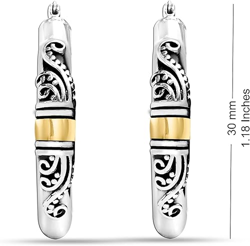 Miniatura 5 de LeCalla Aretes de aro de plata de ley 925 estilo Bali, ligeros, con cierre de clic, antiguos, de dos tonos, estilo italiano Bali, para mujer