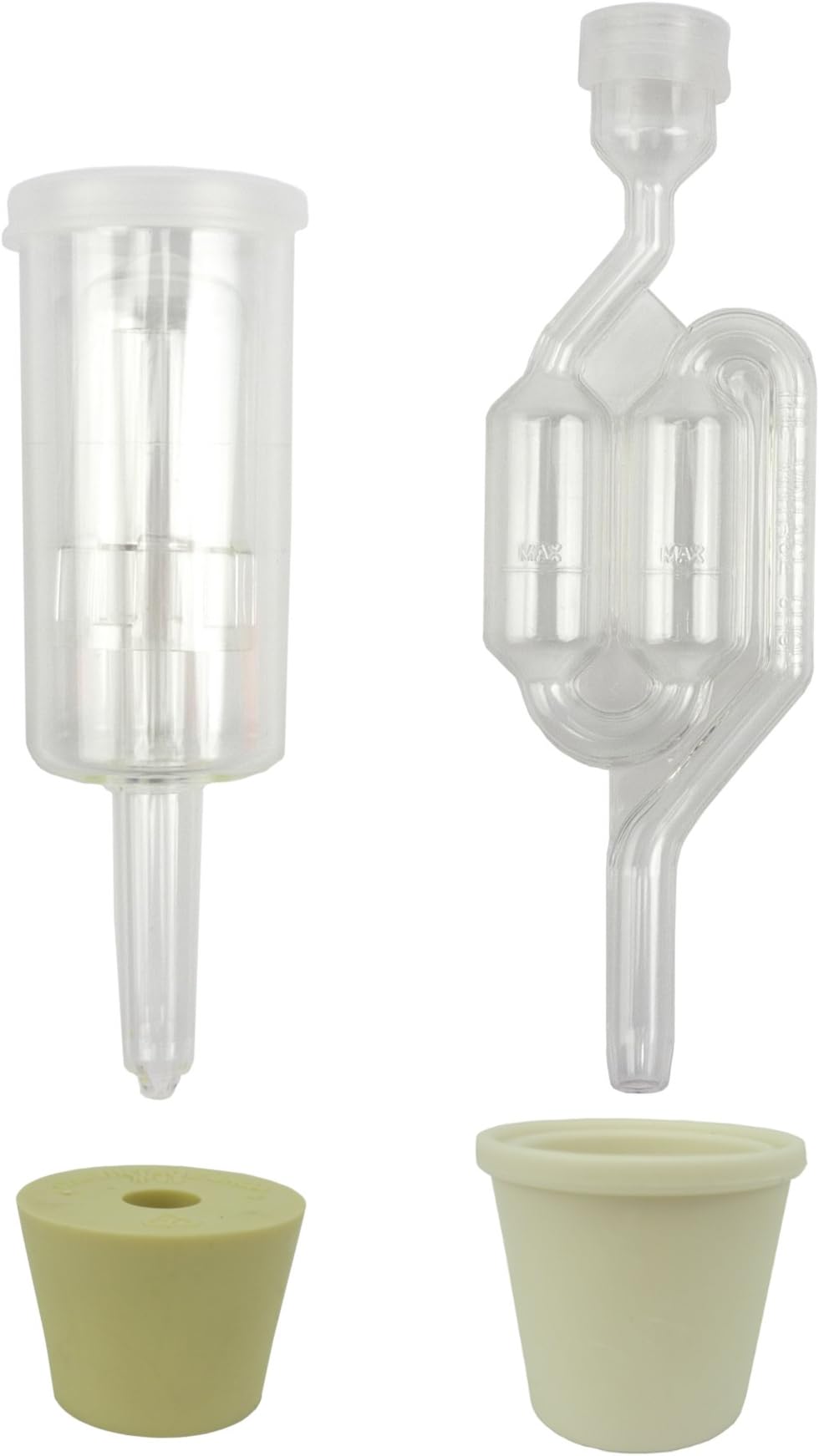 4 Pieces- Twin "S" Bubble & 3 Piece Econo-Lock Cylinder Airlock w/ #6.5 Stopper and Universal Bung