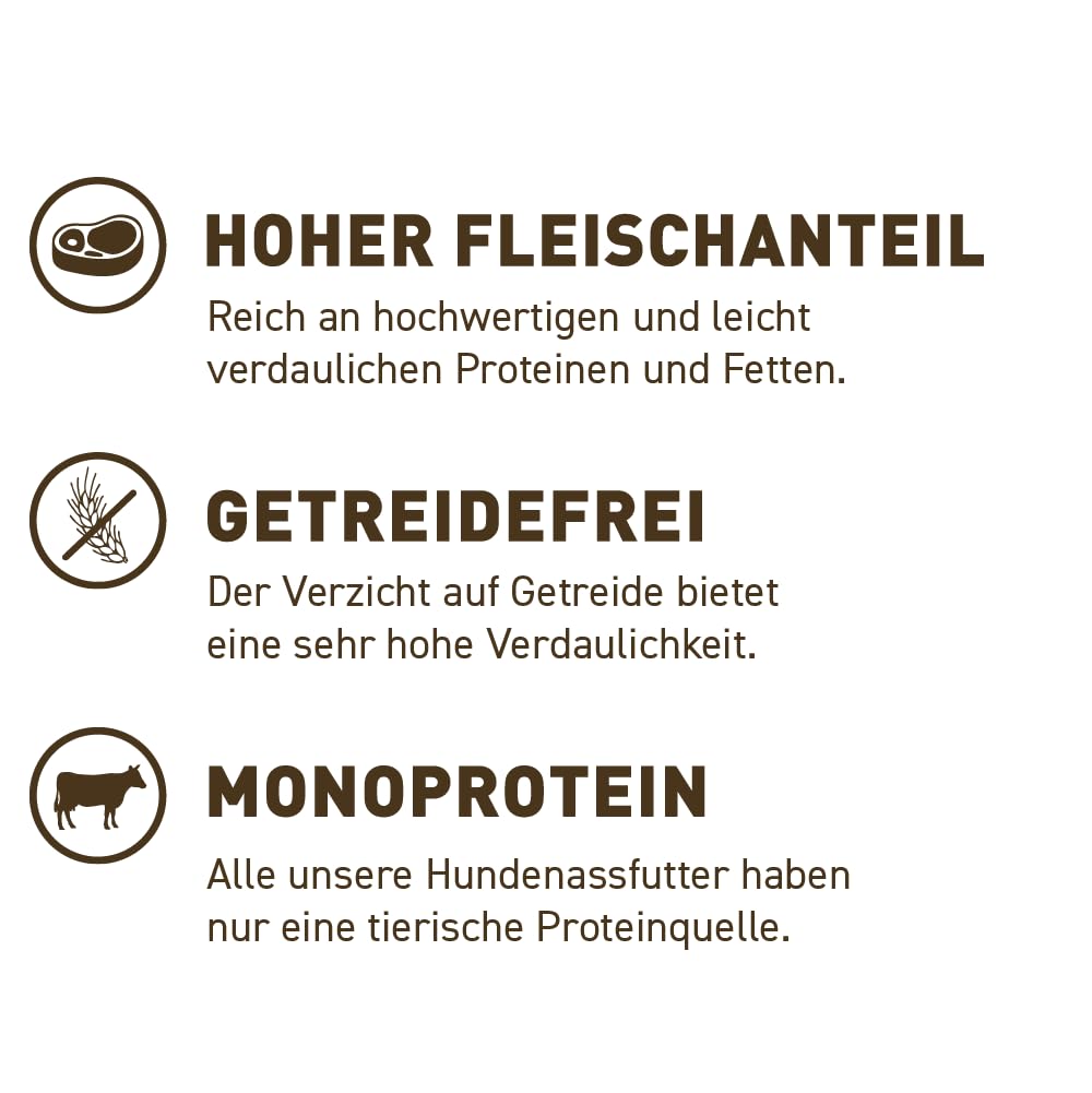 Wildes Land - Nassfutter für Hunde - Rind PUR - 12 x 800 g - mit Distelöl - Getreidefrei - Extra hoher Fleischanteil von 70% - Beste Akzeptanz und Verträglichkeit