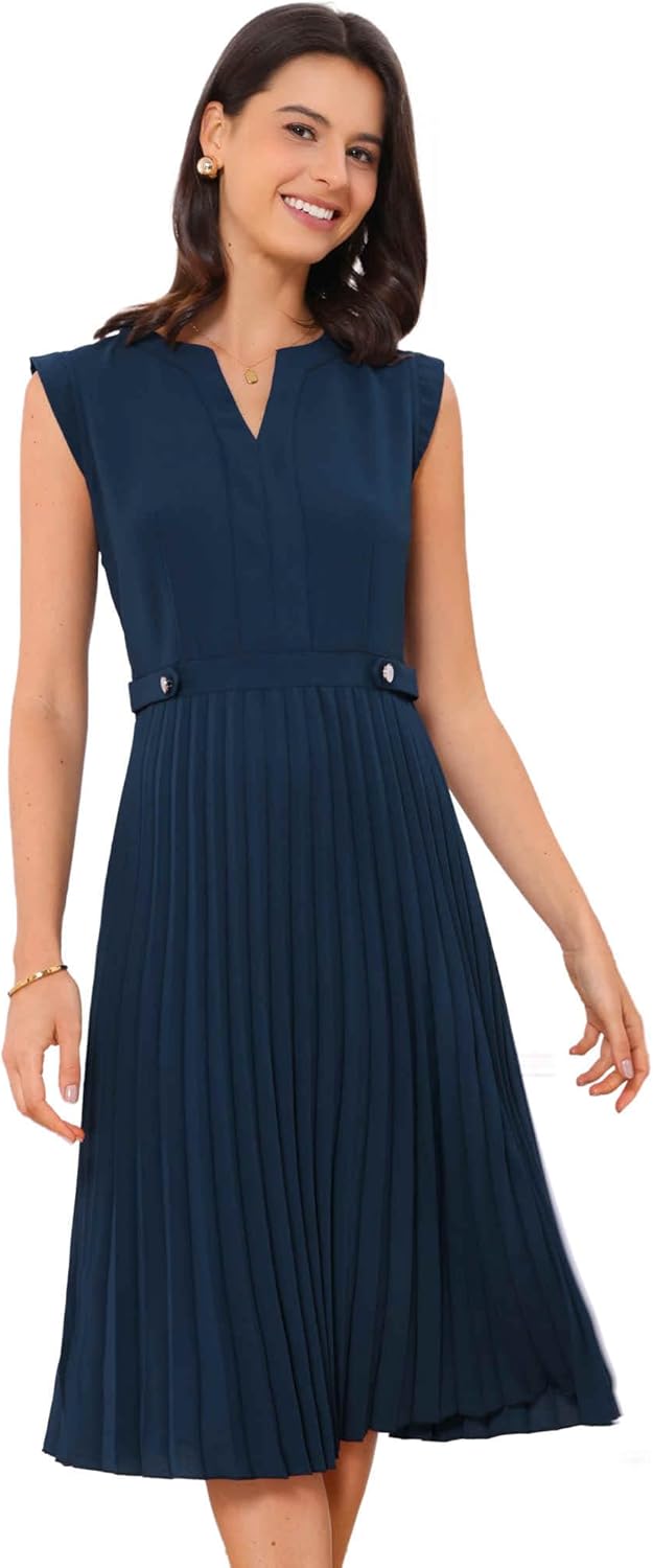 Allegra K Summer Dress for Women's 2024 Elegant Sleeveless V Neck A-Line Pleated Flowy Midi Dress