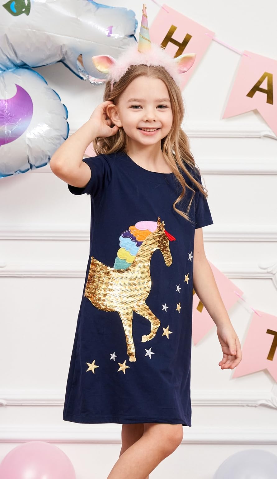 RETSUGO Vestito da bambina a trapezio carino unicorno arcobaleno modello manica corta casual bambina abiti per feste 1-8 anni