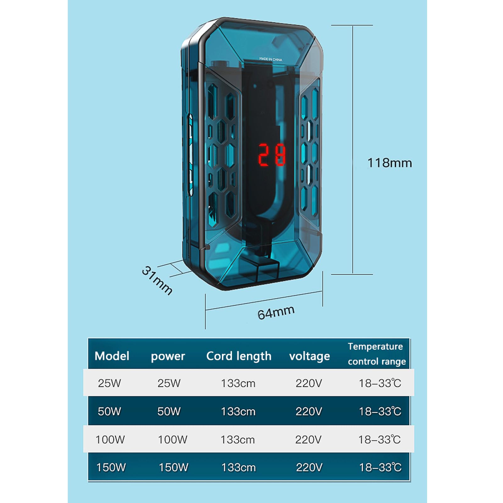 Asta riscaldante per Tartarughe Riscaldatore per Acquario Termostato Automatico Intelligente antideflagrante Basso Livello dell'Acqua Controllo remoto della Temperatura,100W (150W)