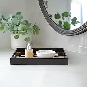 Howard Elliott Collection Elias Horned Tiled Wooden Serving Tray with Handles, Brown and Black Decorative Square Wood Tray Platter for Breakfast, Parties and Weddings, 15.75 x 15.75 Inch