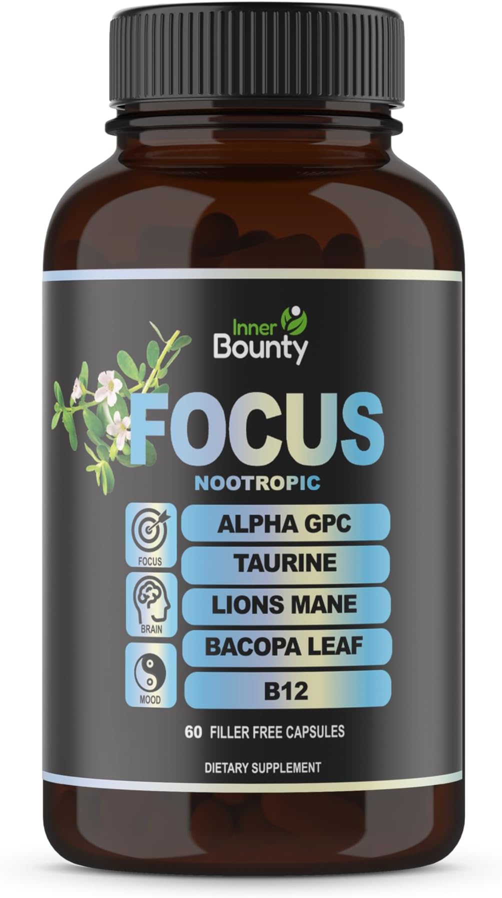 Focus 14-in-1 Nootropic Brain Supplement with Lions Mane, Alpha GPC Choline, Vitamin C & B12, Taurine, Bacopa - Energy, Cognitive, Memory Support, 60 Filler Free Capsules