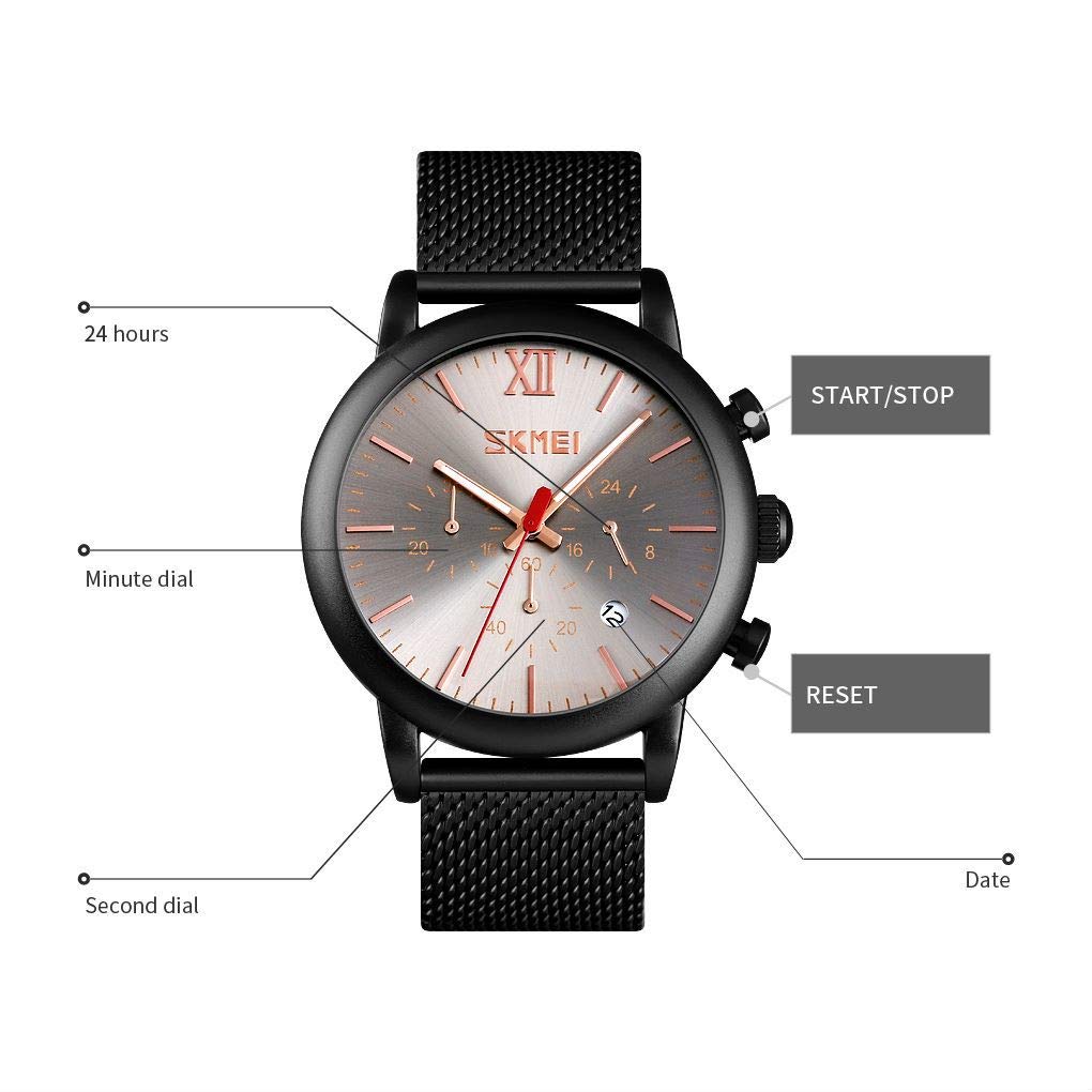 MASTOP Reloj de pulsera de cuarzo con correa de malla para hombre, de acero inoxidable, cronómetro, visualización de fecha, militar, resistente al agua