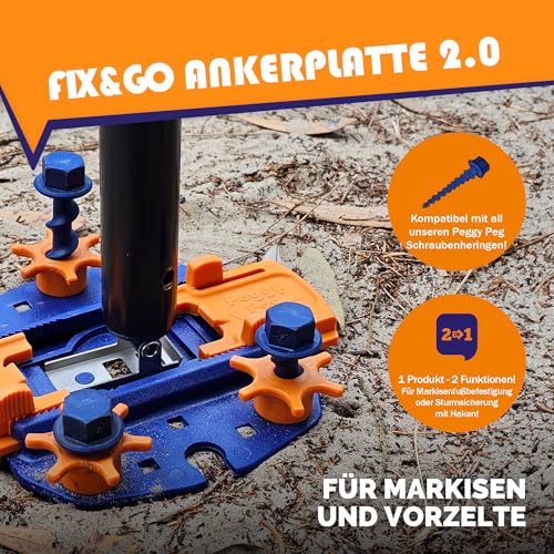 Peggy Peg – Fix&Go Anker Platte 2.0 zur Fixierung von Stützfüßen – Bodenbefestigung für Markisenfüße & Zeltgestänge beim Camping – Bodenhalterung kompatibel mit Thule Omnistor, Dometic & Fiamma 2