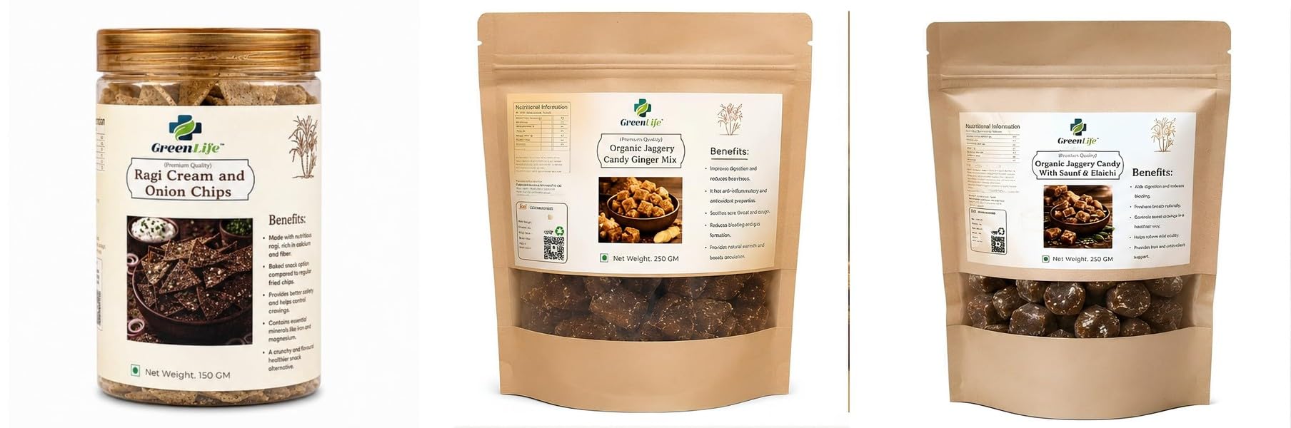 Ragi Cream & Onion Chips | Baked | 150gOrganic Plain Jaggery Candy 500g | Natural Desi Gur | Chemical Free Traditional Sweet TreatGREEN LIFE Digestive Mukhwas 50g | Saunf Mo-image-48